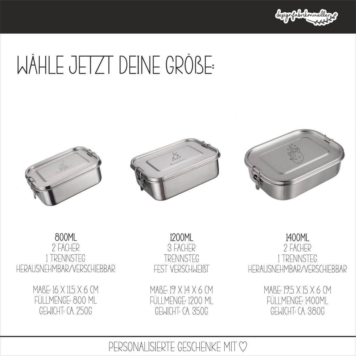 Brotdose mit Trennfach / Unterteilung / 2 - 3 Fächer Lunchbox Vesperdose Edelstahl personalisiert / Name